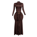 Trimmed ruffle down long sleeve maxi dress